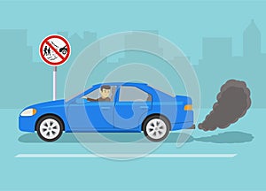 Prevent your vehicle from blowing smoke. `No idling, turn engine off` traffic sign. Car with black smoke from the exhaust on road.