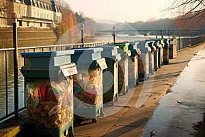 preventing pollution: recycling bins near river