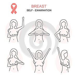 Prevention of Breast Cancer Thin Line Concept Card Poster. Vector