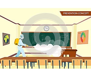 Prevention concept at Classroom. People in Protective suit PPE