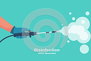 Prevention concept. Disinfection and cleaning. A man in chemical protection disinfects.