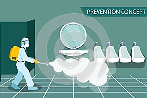 Prevention concept at Public toilet. People in Protective suit wearing medical face mask.