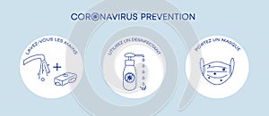 Prevention coronavirus banniere - conseil et astuce pour l`epidemie covid-19 en francais- symboles avec arriere plan colore - vect