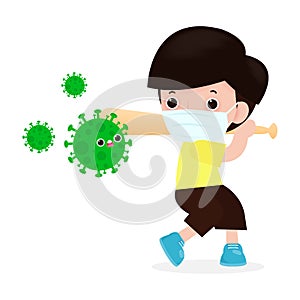 Prevention of Coronavirus disease. man fight with coronavirus 2019-nCoV, character people holding baseball bat and covid-19