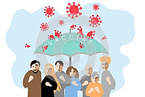 Prevention, immunization. Covid-19 virus vaccine. People under umbrella. Coronavirus pandemic protection