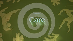 Preventive care inscription on green background. Illustrations of humans doing exercises to keep a healthy lifestyle