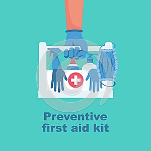 Preventive first aid kit. Disinfectant antibacterial equipment.