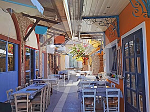 Preveza city buildings  alleys taverns in the city in summer noon, greece