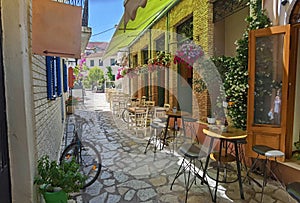 Preveza city buildings  alleys taverns in the city in summer noon, greece