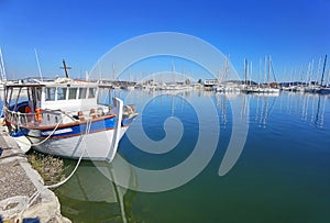 Preveza city new port yatches boats ships in lbue sea and sunny winter day in greece