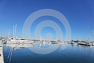 Preveza city new port yatches boats ships in lbue sea and sunny winter day in greece