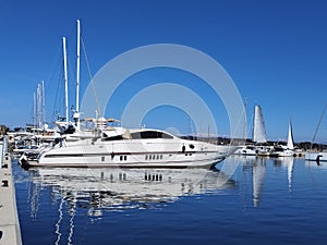 Preveza city new port yatches boats ships in lbue sea and sunny winter day in greece