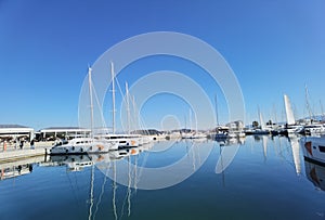 Preveza city new port yatches boats ships in lbue sea and sunny winter day in greece