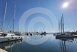 Preveza city new port yatches boats ships in lbue sea and sunny winter day in greece