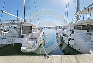 Preveza city new port yatches boats ships in lbue sea and sunny winter day in greece