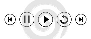 Previous, pause, start, repeat, and next track buttons. Icon set collection of music player app