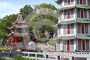 Pagoda and Lake at Haw Par Villa, Singapore photo