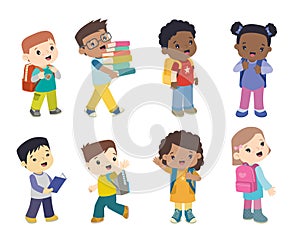 Multi-ethnic school children with school bags flat