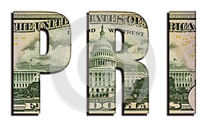 PRI Principles for Responsible Investment Abbreviation Word 50 US Real Dollar Bill Banknote Money Texture on White Background photo