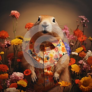 Priarie dog surrounded by beautiful floral with dark background. photo