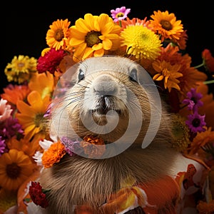Priarie dog surrounded by beautiful floral with dark background. photo