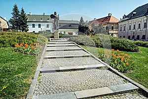 Pribina statue and blooming orange tulips, Nitra, Slovak republic