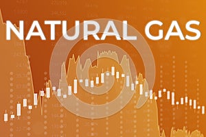 Price change on Natural gas futures ticker NG in world on yellow financial background from numbers, graphs, pillars, candles.