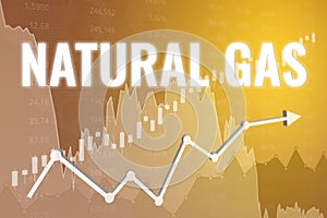 Price change on Natural gas futures ticker NG in world on yellow financial background. Trend Up and Down. 3D illustration