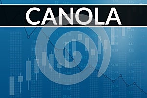 Price change on trading Canola futures on blue finance background from graphs, charts, columns, pillars, candles, bars, number.