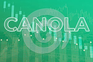 Price change on trading Canola futures on magenta finance background from graphs, charts, columns, pillars, candles, bars, number