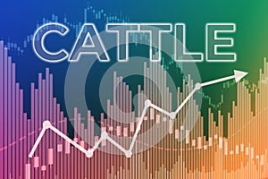 Price change on trading Cattle futures on finance background from graphs, charts, columns, pillars, candles, bars, number. Trend