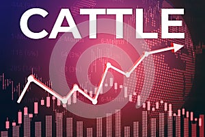 Price change on trading Cattle futures on magenta finance background from graphs, charts, columns, pillars, candles, bars, number