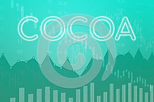 Price change on trading Cocoa futures on magenta finance background from graphs, charts, columns, pillars, candles, bars, number.