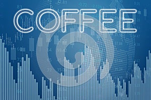 Price change on trading Coffee futures on magenta finance background from graphs, charts, columns, pillars, candles, bars, number