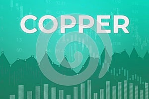 Price change on trading Copper futures on magenta finance background from graphs, charts, columns, pillars, candles, bars, number