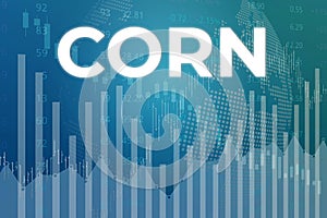 Price change on trading Corn futures on blue finance background from graphs, charts, columns, candles, bars. Trend Up and Down,