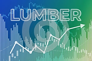 Price change on trading Lumber futures on blue and green finance background from graphs, charts, columns, candles, bars, numbers.