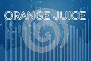 Price change on trading Orange juice futures on blue finance background from graphs, charts, columns, candles, bars, numbers.