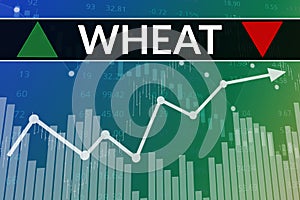 Price change on trading Wheat futures on green and blue finance background from graphs, charts, columns, pillars, candles, bars,