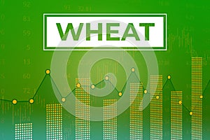 Price change on trading Wheat futures on green and yellow finance background from graphs, charts, columns, pillars, candles, bars