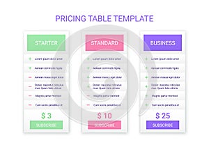 Price chart comparison template with 3 columns. Vector illustration
