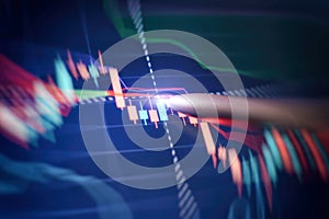 Price chart and pen indicator on screen, red and green candlestick chart on blue screen theme, market volatility, uptrend and