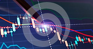 Price chart and pen indicator on screen, red and green candlestick chart on blue screen theme, market volatility, uptrend and