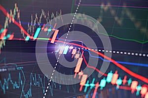 Price chart and pen indicator on screen, red and green candlestick chart on blue screen theme, market volatility, uptrend and