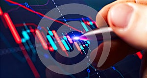 Price chart and pen indicator on screen, red and green candlestick chart on blue screen theme, market volatility, uptrend and