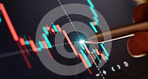 Price chart and pen indicator on screen, red and green candlestick chart on blue screen theme, market volatility, uptrend and