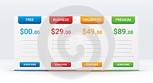 Price comparison table layout template for four products