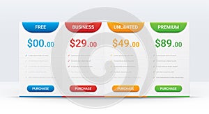 Price comparison table layout template for four products