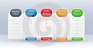 Price comparison table layout template for four products