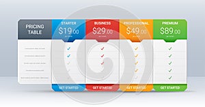 Price comparison table layout template for four products